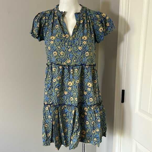 Anthropologie Penrose Tiered Tunic Dress GUACAMOLE Green Blue Puff Sleeve Sz XSP - Picture 4 of 14